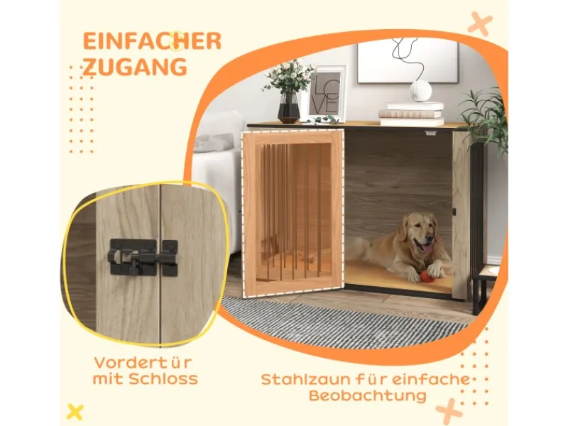 PawHut Hundekäfig Hundebox Stahl MDF Eiche 106B x 60T x 76H cm