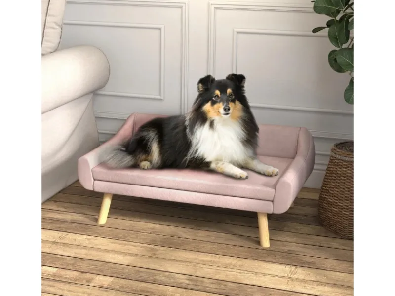 PawHut Hundesofa mit Rückenlehne Holzbeine Kissen Samt Rosa 102 x 58,5 x 42,5 cm