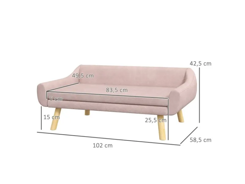 PawHut Hundesofa mit Rückenlehne Holzbeine Kissen Samt Rosa 102 x 58,5 x 42,5 cm