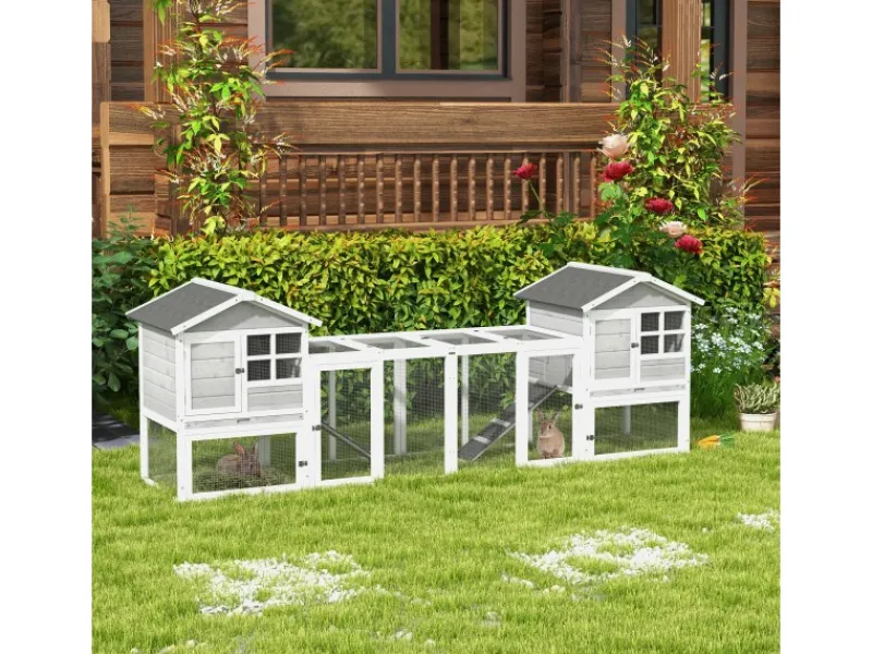 PawHut Kaninchenstall aus Holz mit Außengehege 259 x 64 x 92 cm