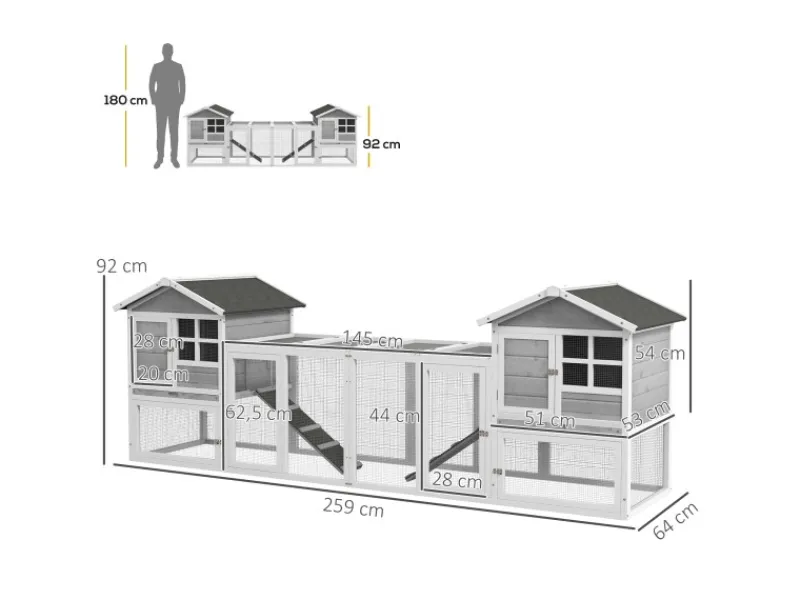 PawHut Kaninchenstall aus Holz mit Außengehege 259 x 64 x 92 cm