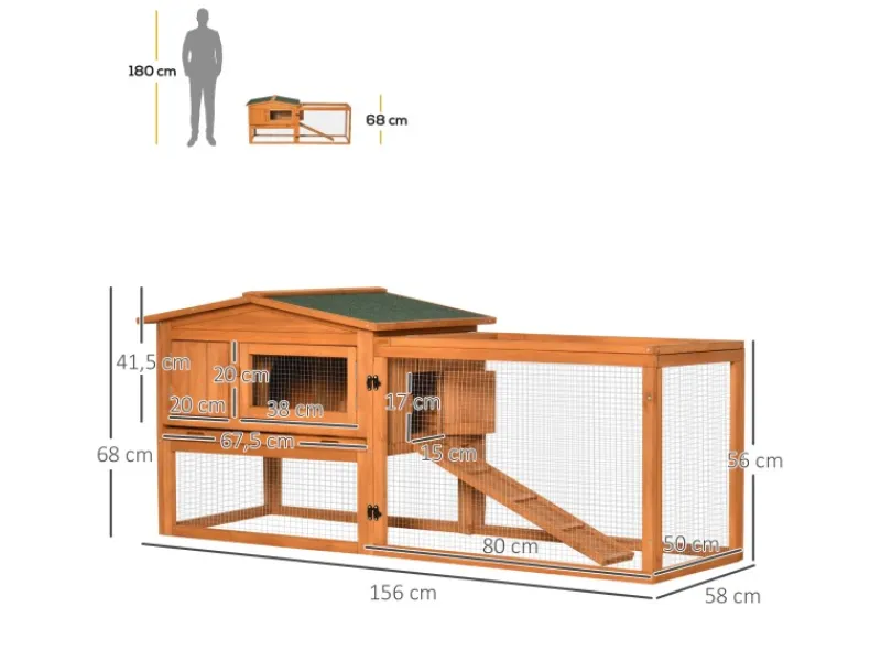PawHut Kaninchenstall aus Tannenholz mit Asphaltdach 156 x 58 x 68 cm