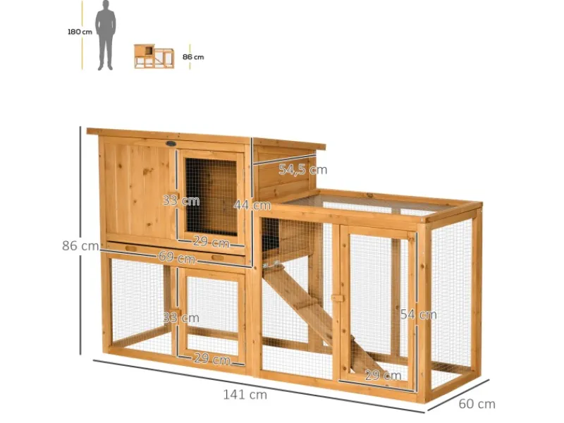 PawHut Kaninchenstall mit Tannenholz 141 x 60 x 86 cm