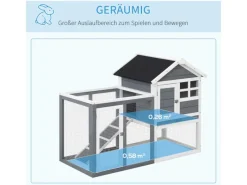 PawHut Kaninchenstall Tannenholz Grau Weiß Schwarz 122 x 62,6 x 92 cm