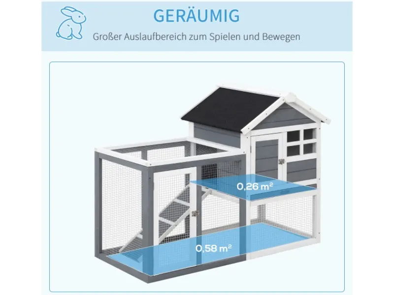 PawHut Kaninchenstall Tannenholz Grau Weiß Schwarz 122 x 62,6 x 92 cm