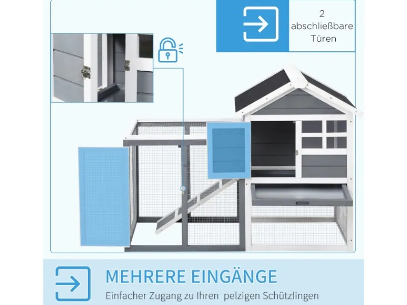 PawHut Kaninchenstall Tannenholz Grau Weiß Schwarz 122 x 62,6 x 92 cm