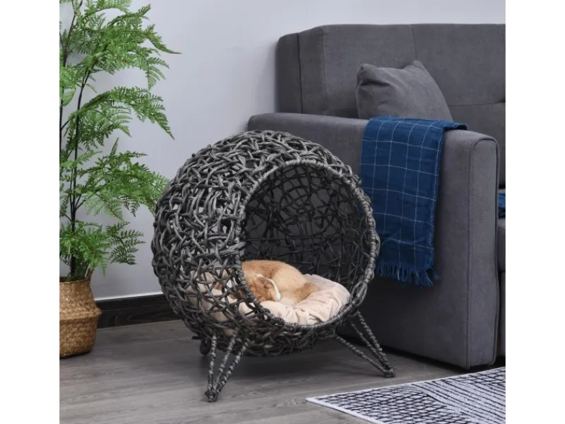 PawHut Katzenhaus aus Rattan mit Kissen Erhöhten Füßen