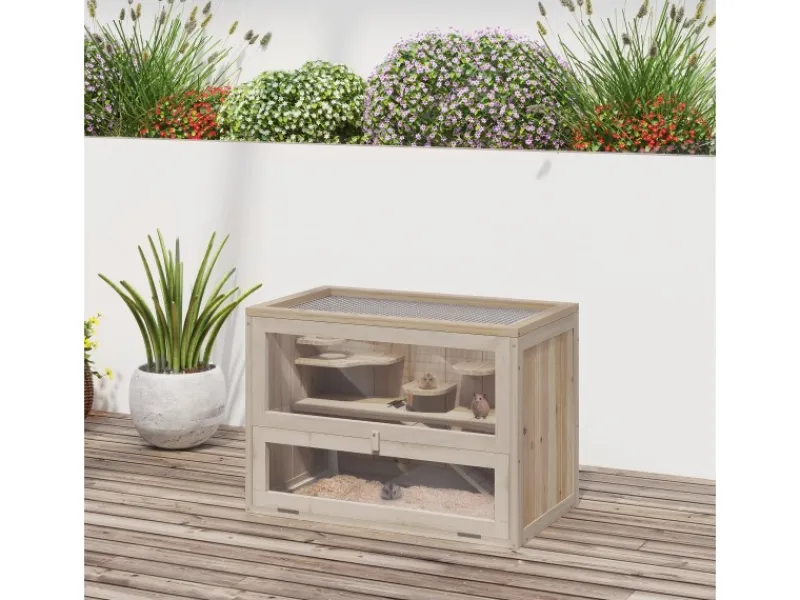 PawHut Käfig Nagerkäfig Kleintierkäfig Tanne Naturholz 60L x 35B x 42H cm