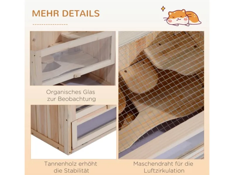 PawHut Käfig Nagerkäfig Kleintierkäfig Tanne Naturholz 60L x 35B x 42H cm