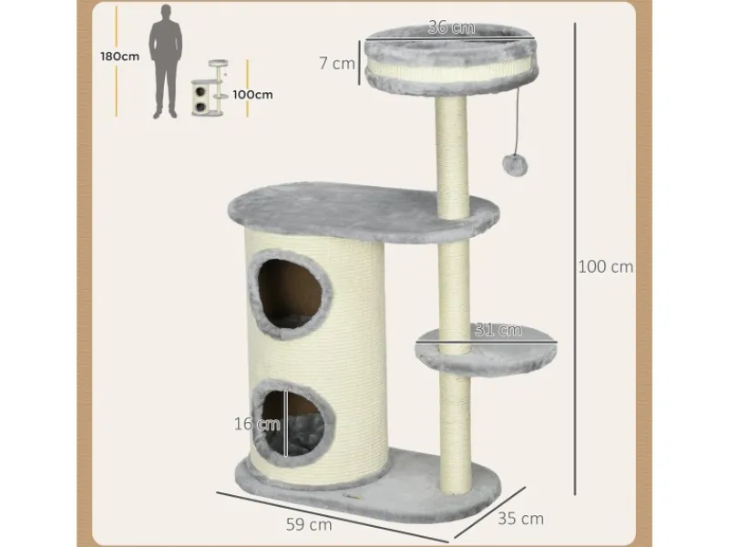 PawHut Kratzbaum 100 cm mit Kratztonne Sisalsäule und Kissen
