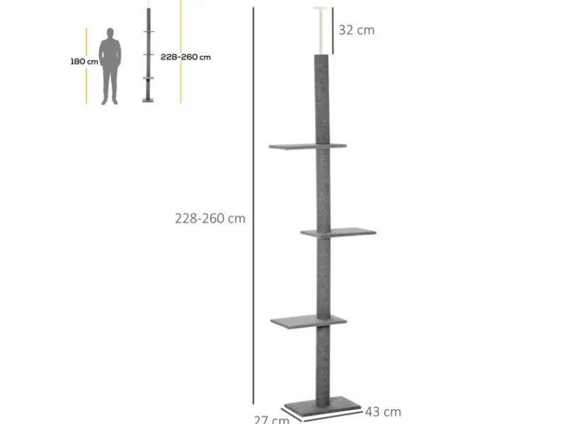 PawHut Kratzbaum Deckenhoch 228-260 cm mit 3 Ebenen Spielbaum