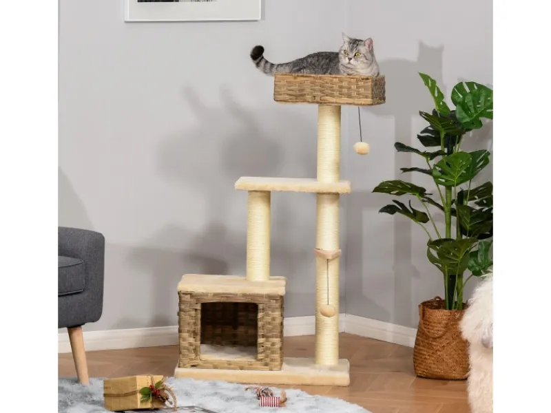 PawHut Rattan Katzenbaum mit Sisal Höhe 108 cm