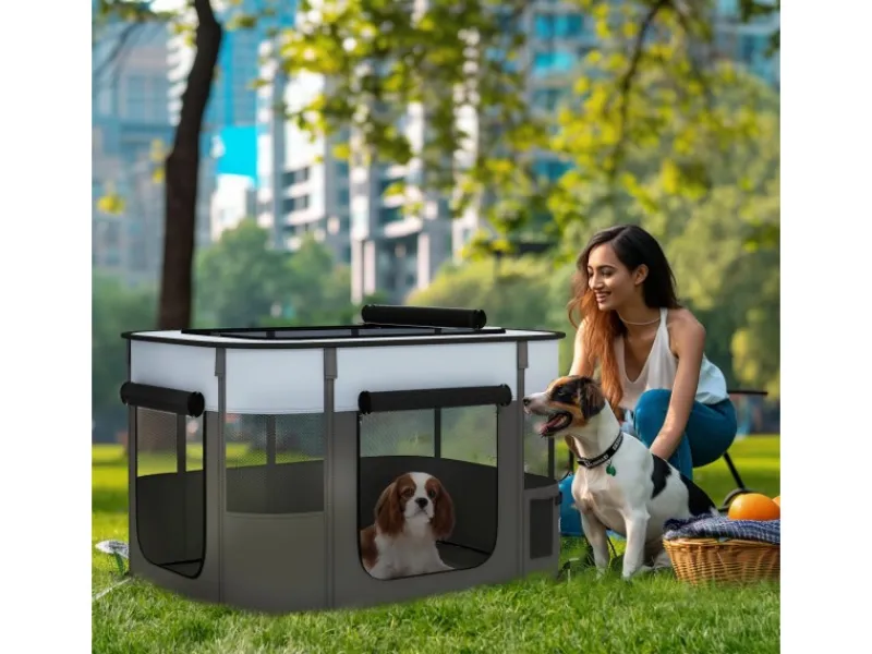 PawHut Welpenauslauf Oxford-Stoff Nylonnetz Grau 94L x 74B x 60H cm