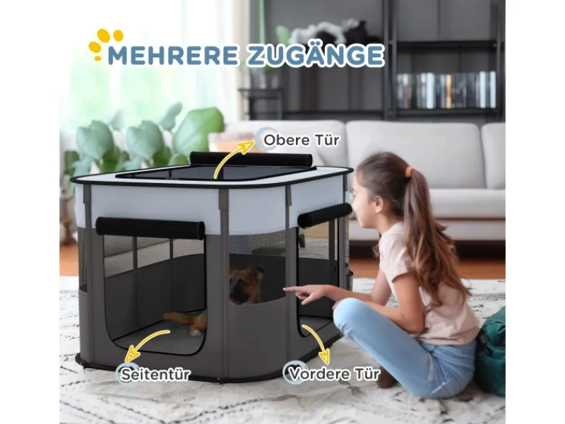 PawHut Welpenauslauf Oxford-Stoff Nylonnetz Grau 94L x 74B x 60H cm