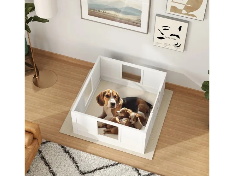 PawHut Wurfkiste für Welpen Kiefernholz MDF Weiß 100L x 96B x 48H cm