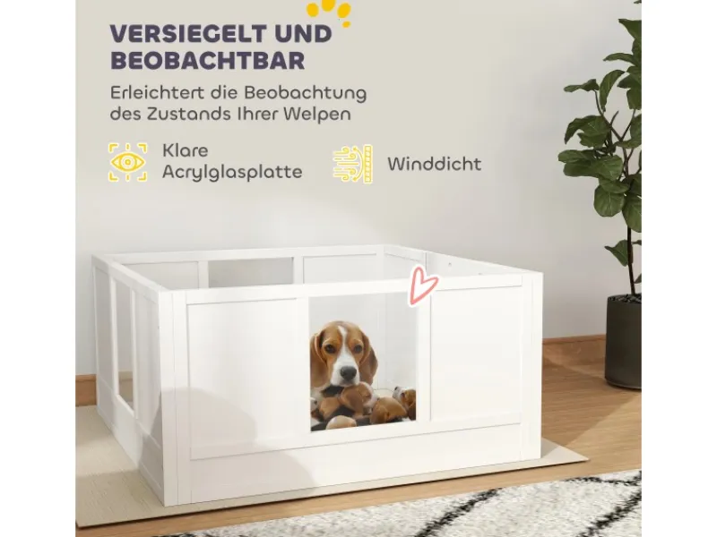 PawHut Wurfkiste für Welpen Kiefernholz MDF Weiß 100L x 96B x 48H cm