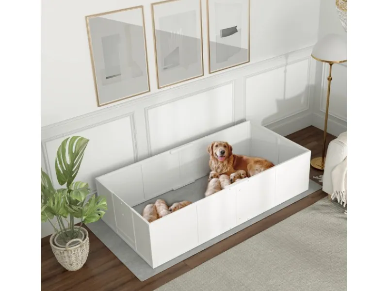 PawHut Wurfkiste für Welpen Kiefernholz MDF Weiß 196L x 96B x 48H cm