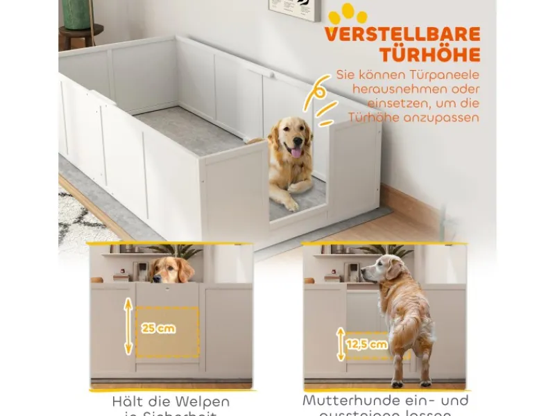 PawHut Wurfkiste für Welpen Kiefernholz MDF Weiß 196L x 96B x 48H cm