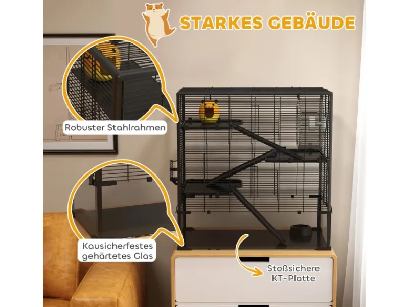 New PawHut Zwerghamster-Käfig Stahl Gehärtetes Glas Schwarz 78,5L x 48,5B x 80H cm