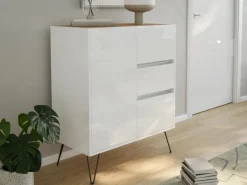 Discount Posseik Sideboard Industrial K 3 Schubladen 1 Tür 80 cm Top Weiß Eiche