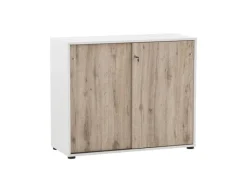 Hot PROREGAL Aktenschrank Pigeon Large HxBxT 83,6 x 100 x 41 cm 2 Fächern & 2 Abschließbare Schiebetüren Weiß & Eiche Eiche-Weiß