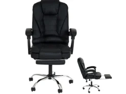 New PROREGAL Bürostuhl HxBxT 110x63x103 cm Sitzhöhe 48cm Ausziehbare Fußstütze Kunstleder Schwarz Schreibtischstuhl Drehstuhl Chefsessel