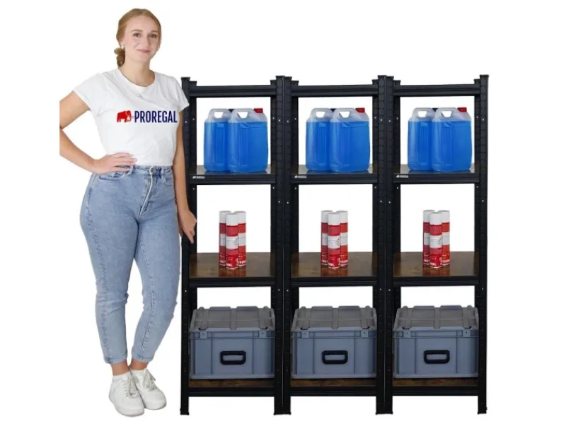 PROREGAL 3er Vintage Series Schwerlastregal Ragnar Set HxBxT 150x45x45cm Fachlast 100kg Vintagebraun-Schwarz