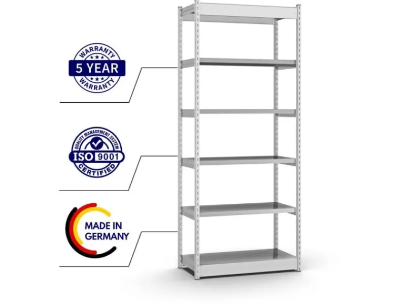 Outlet PROREGAL Fachbodenregal Stecksystem Vierkant-Profil Grundregal HxBxT 250 x 102,5 x 50 cm 6 Ebenen Einseitige Bauart Fachlast 200 kg Lichtgrau