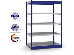 Discount PROREGAL Fachbodenregal Stecksystem Vierkant-Profil Grundregal HxBxT 200 x 132,5 x 80 cm 5 Ebenen Einseitige Bauart Fachlast 200 kg Enzian Blau