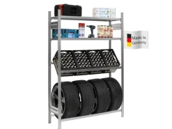 PROREGAL Getränkekisten- & Reifenregal Chiemsee Tire Made in Germany HxBxT 200 x 136 x 43,5 cm 4 Kisten auf 1 Ebene & 4 Reifen & 2 Boards Verzinkt