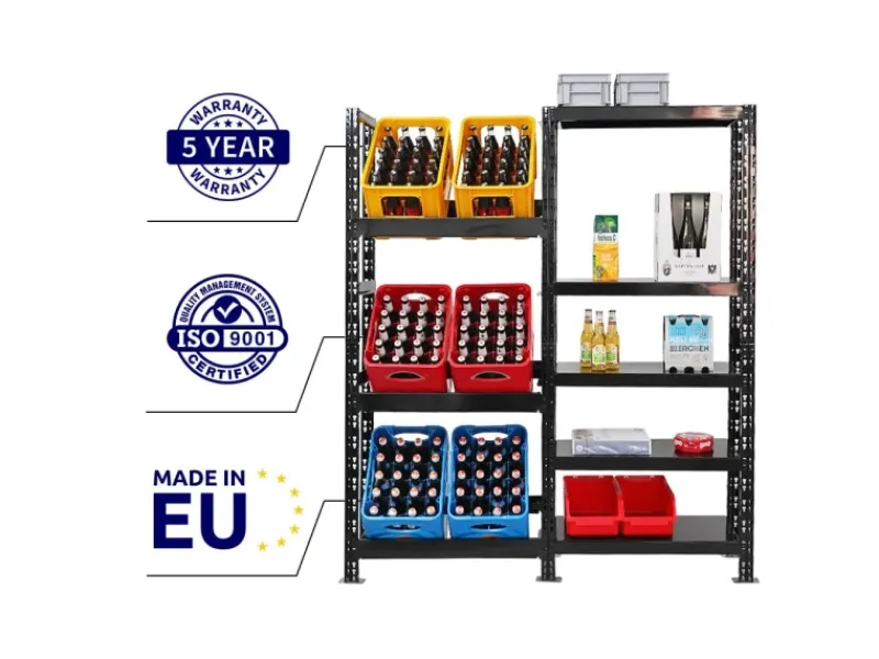 PROREGAL Getränkekistenregal Gaardasee HxBxT 180 x 160 x 30 cm 6 Kisten & 5 Boards Schwarz Freistehend Kistenständer Getränkeregal