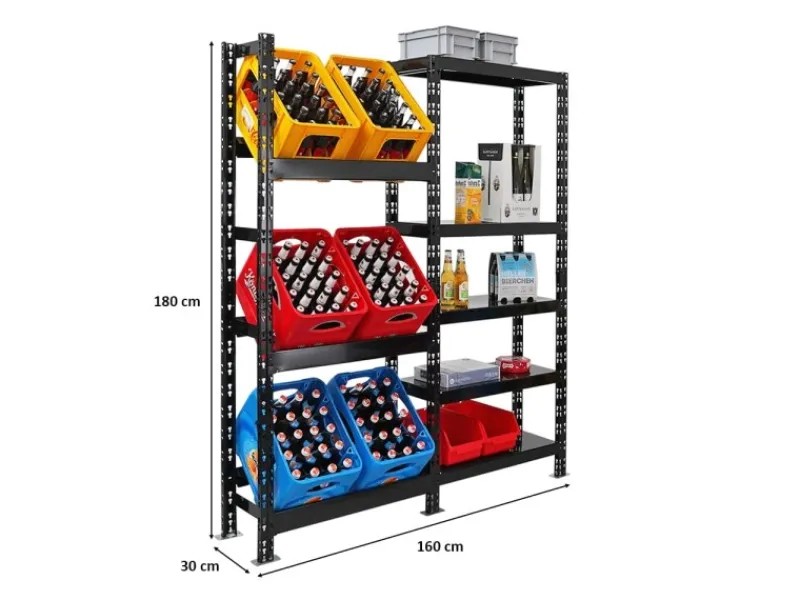 PROREGAL Getränkekistenregal Gaardasee HxBxT 180 x 160 x 30 cm 6 Kisten & 5 Boards Schwarz Freistehend Kistenständer Getränkeregal