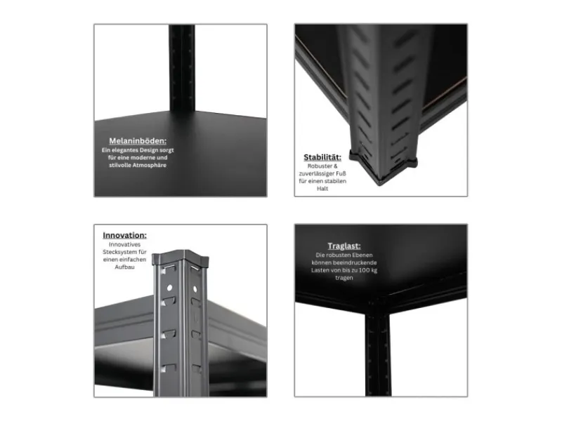 PROREGAL Mega Deal 4 x All Black Series Schwerlastregal Ragnar HxBxT 150 x 45 x 45 cm Fachlast 100 kg Matt Schwarz Kellerregal Steckregal Garagenregal