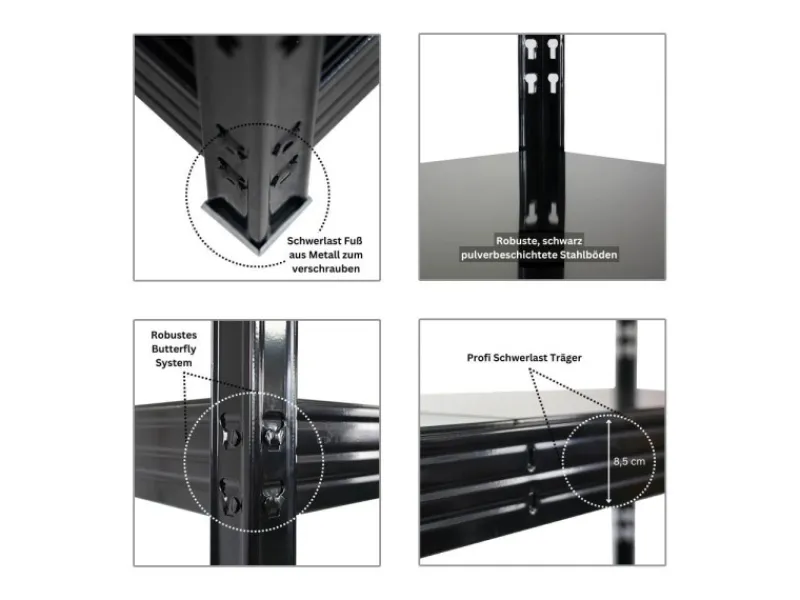 PROREGAL Mega Deal 4x Profi Schwerlastregal Rhino HxBxT 180x200x60cm 4 Stahlplatten-Ebenen Fachlast 500kg Schwarz