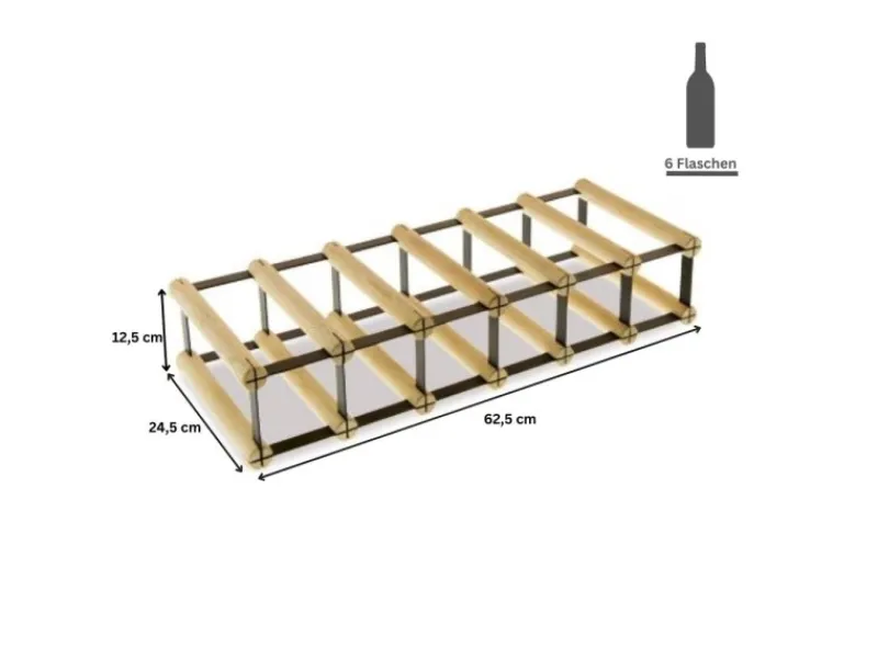 PROREGAL Modulares Weinregal Vinotega Mod Metal HxBxT 12,5 x 62,5 x 24,5 cm 6 x 1 Flaschen Massives Kiefernholz Natur