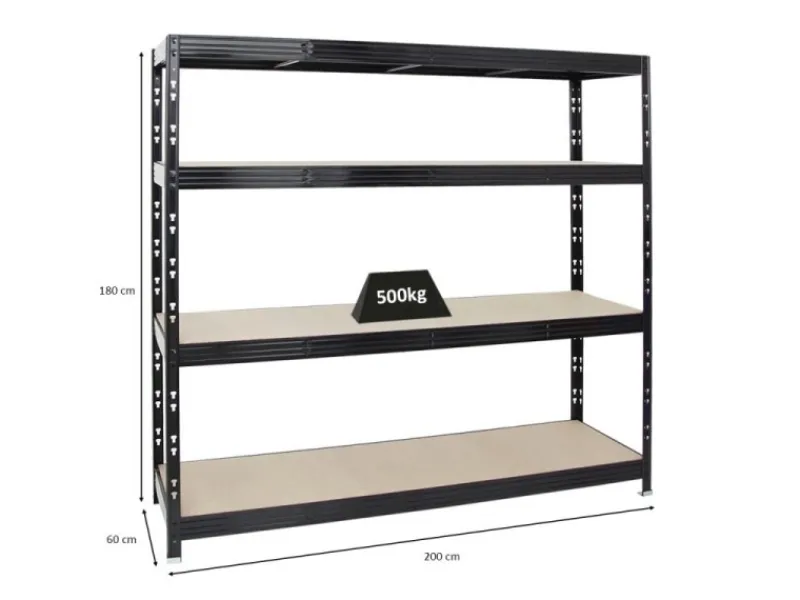 Clearance PROREGAL Profi Schwerlastregal Rhino HxBxT 180 x 200 x 60 cm 4 Spanplatten-Ebenen 8mm Fachlast 500 kg Schwarz