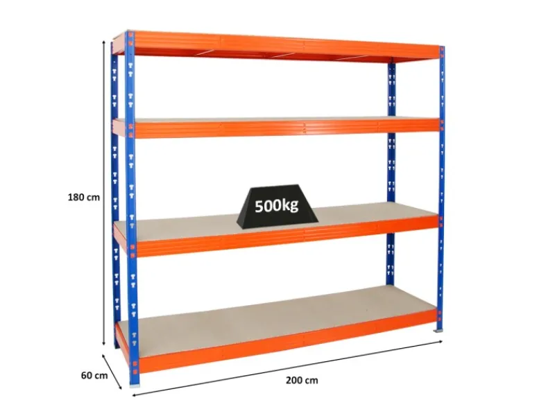 Sale PROREGAL Profi Schwerlastregal Rhino HxBxT 180 x 200 x 60 cm 4 Spanplatten-Ebenen 8mm Fachlast 500 kg Blau/Orange Blau-Orange