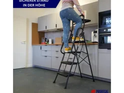 PROREGAL Profi-Trittleiter Klappbar Mit Handbügel Und Werkzeugablage 4 Stufen 160x51x87cm Traglast 150kg Stahl Schwarz Klappleiter Haushaltsleiter