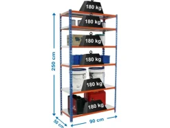 Hot PROREGAL Schwerlastregal Giant Metal Shark HxBxT 250 x 90 x 50 cm Fachlast 180 kg Blau-Orange