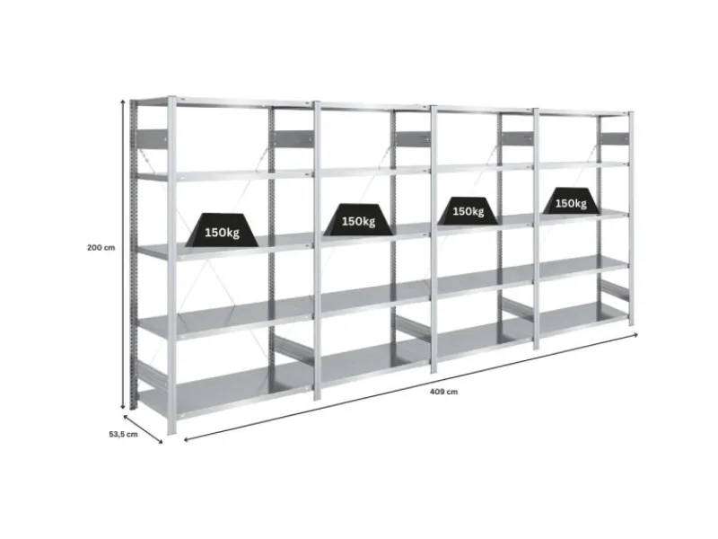 PROREGAL Schwerlastregal Silver Mamba Made In Germany HxBxT 200 x 400 x 50 cm 5 Ebenen Je 150 kg Fachlast Verzinkt