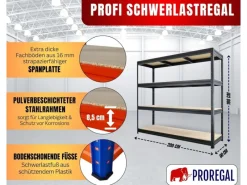 PROREGAL Schwerlastregal Dino HxBxT 180x200x60cm 4 Spanplatten-Ebenen 16mm Fachlast 500kg Blau/Orange Blau-Orange