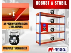 PROREGAL Schwerlastregal Dino HxBxT 180x200x60cm 4 Spanplatten-Ebenen 16mm Fachlast 500kg Blau/Orange Blau-Orange