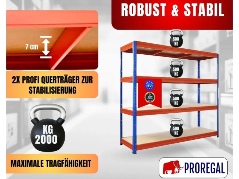 PROREGAL Schwerlastregal Dino HxBxT 180x200x60cm 4 Spanplatten-Ebenen 16mm Fachlast 500kg Blau/Orange Blau-Orange
