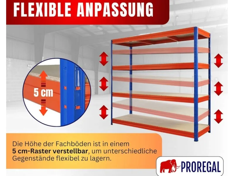 PROREGAL Schwerlastregal Dino HxBxT 180x200x60cm 4 Spanplatten-Ebenen 16mm Fachlast 500kg Blau/Orange Blau-Orange