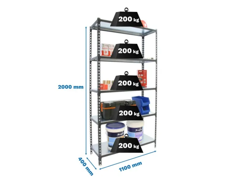 PROREGAL Schwerlastregal Big Metal Shark HxBxT 200 x 110 x 40 cm Fachlast 200 kg Anthrazit-Verzinkt
