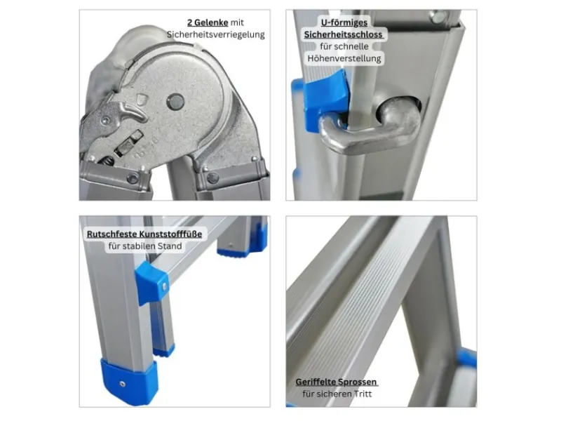 PROREGAL Sprossen-Mehrzweckleiter APOLLO 3-In-1 Aluminiumleiter 4x4 Sprossen Bis Zu 4 M Höhe 150 kg Traglast Silber Klappleiter Stehleiter