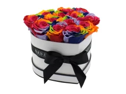 Online Rosenbox Herz Weiß-Schwarz mit 13 Rainbow Rosen