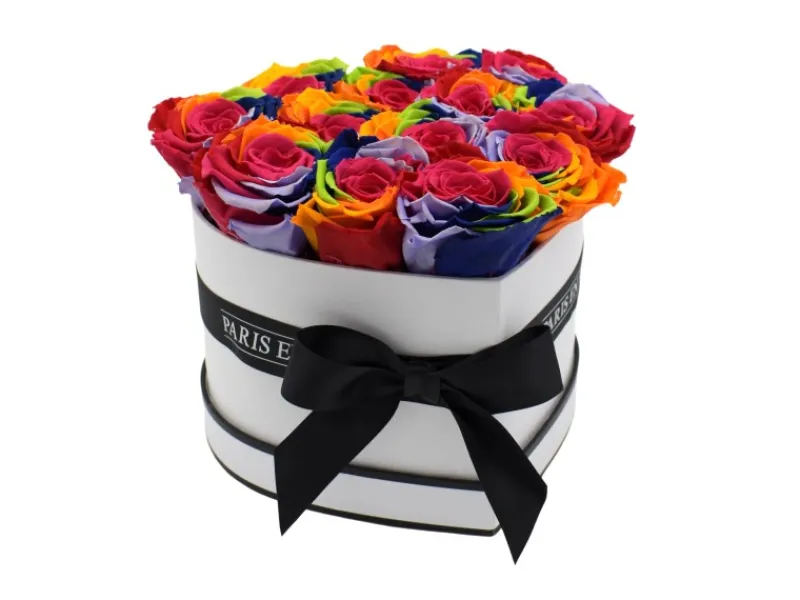 Online Rosenbox Herz Weiß-Schwarz mit 13 Rainbow Rosen