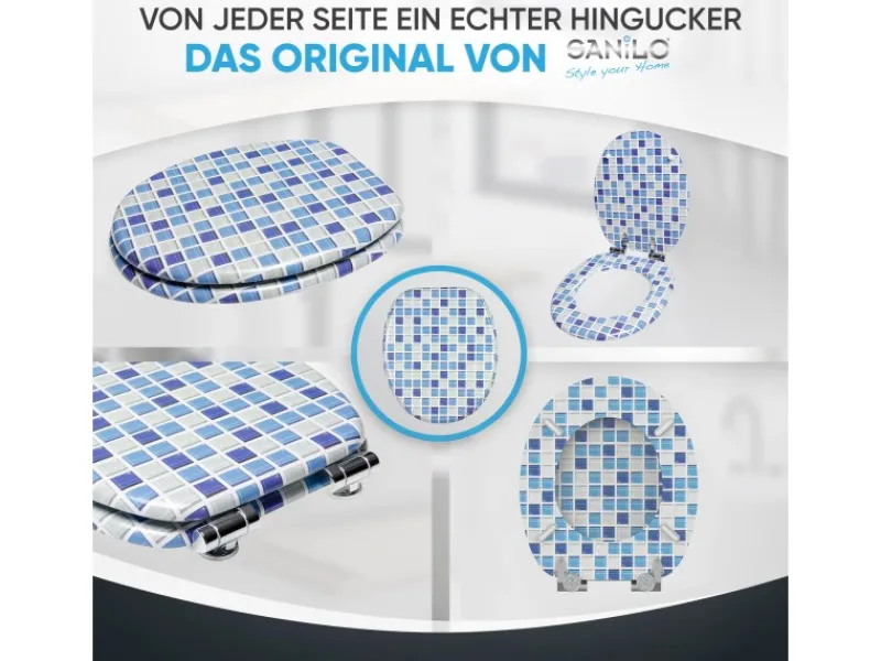 New Sanilo WC Sitz mit Absenkautomatik Mosaik Blau, Hochwertiger und Stabiler Toilettendeckel aus Holz
