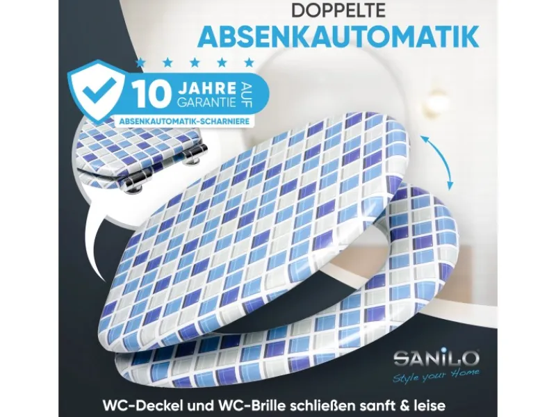 New Sanilo WC Sitz mit Absenkautomatik Mosaik Blau, Hochwertiger und Stabiler Toilettendeckel aus Holz